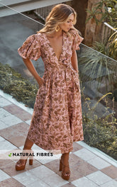 Amalie The Label - Franc Linen Puff Sleeve Wrap Midi Linen Dress in Vahala Print