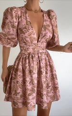 Amalie The Label - Rivinna Linen Blend Pleat Waist Puff Sleeve Mini Dress in Vahala Print