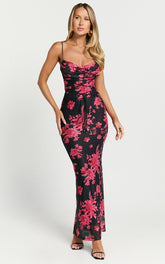 Ariel Midi Dress - Mesh Bodycon Tie Detail Dress in Black & Red Floral