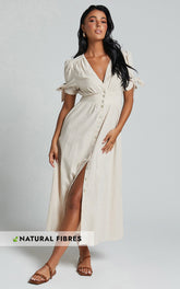 Avegail Midi Dress - V Neck Button Through Short Sleeve Dress in Bone