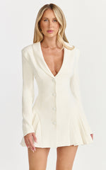 Bea Mini Dress - Collared Long Sleeve Fit And Flare Pleated Dress in Cream