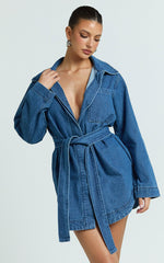 Esme Mini Dress - Denim Shirt Dress with Detachable Belt in Dark Mid Blue