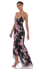 Mesh Floral Ruffle Fishtail Maxi Dress in Black