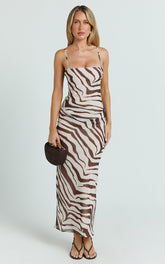 Gwendolyn Maxi Dress - Zebra Bias Spaghetti Strap Dress in Choc Zebra