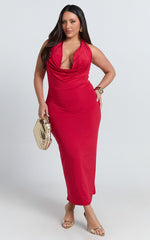 Hawkins Midi Dress - Low Cowl Halter Neck Bodycon Dress in Red