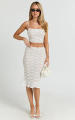 Imee Two Piece Top and Skirt Set - Lace Off Shoulder Top And Low Rise Midi Skirt Set in White