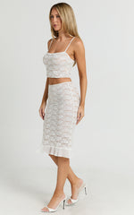 Imee Two Piece Top and Skirt Set - Lace Off Shoulder Top And Low Rise Midi Skirt Set in White