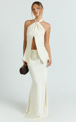 Jenna Top - Halter Neck Knot Detail Open Front Top in Oyster