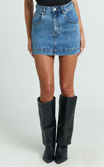 Lara Mini Skirt - High Waisted Denim Skirt in Dark Blue Wash