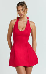 Lauren Mini Dress - Halter Scoop Neck Dress in Red