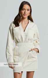 Lilianna Mini Dress - V Neck Long Sleeve Wrap Dress in Cream