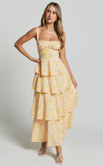Lorma Midi Dress - Ruched Layered Dress in Orange Floral