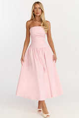 Louisa Midi Dress - Strapless Side Ruched Dropped Waist Fit And Flare Dress in Pink