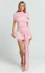 Nicolette Mini Dress - Ruched Short Sleeve Bodycon Dress in Blush