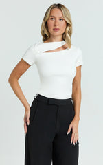 Tina Top - High Neck Cap Sleeve Cut Out Top in Off White