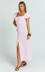 Welmina Midi Dress - Short Sleeve Placket Front Dress in Pale Pink