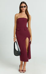 Wilma Midi Dress - Strapless Tailored High Split Dress in Wine