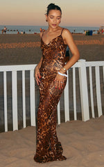 Hilary Maxi Dress - Sheer Cowl Neck Slip Dress in Leopard