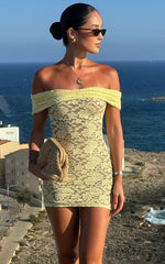 Nalani Mini Dress - Lace Off Shoulder Bodycon Dress in Lemon
