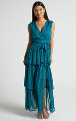 Alana Maxi Dress - Short Sleeve Plunge Aline Dress in Emerald