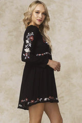 Selena Embroidered Floral Dress Black