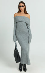 Darcie Midi Dress - Off Shoulder Knitted Long Sleeve Dress in Grey Marle