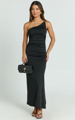 Debbie Midi Dress - One Shoulder Hardware Detail Dress in Black