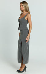 Fiona Midi Skirt - Pinstripe Bodycon Side Leg Split Workwear Skirt in Dark Grey