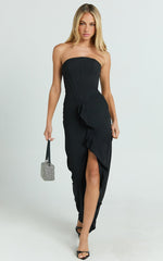Jamilla Maxi Dress - Strapless Ruffle Front Fit And Flare Dress in Black