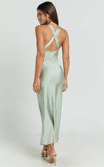 Khalani Maxi Dress - Deep V Neck Satin Slip Dress in Sage
