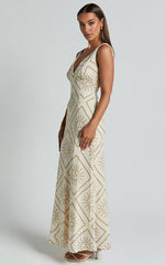 Sharlyn Midi Linen Blend Dress - Deep V Neck Sleeveless Slip Dress in Beige Sun Print