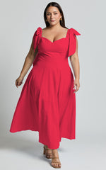 Tymia Midi Dress - Shoulder Tie Bustier Shirred Back A Line in Red