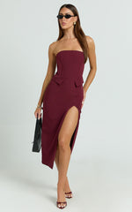 Wilma Midi Dress - Strapless Tailored High Split Dress in Wine